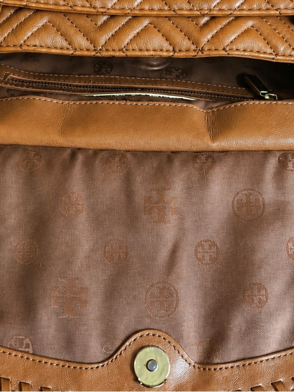 Tory Burch Fleming Brown Leather Quilted Shoulder Bag Chain Strap Whipstitch - Picture 7 of 15